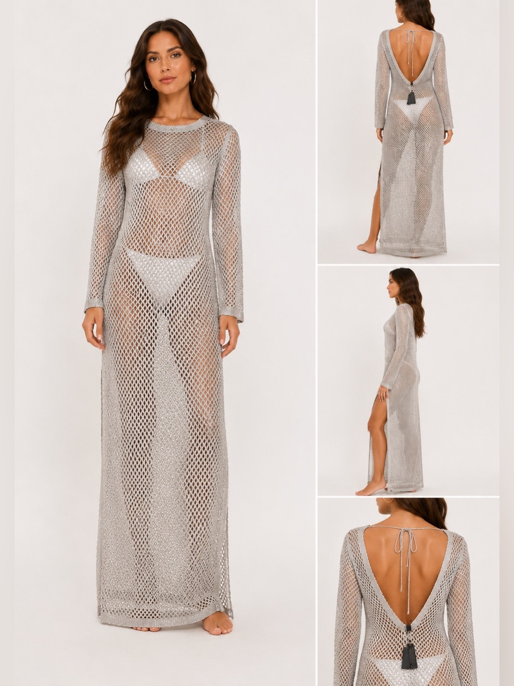 NWT South Beach x Misha Grimes Metallic Crochet Knit Maxi Beach Cover Up Dress